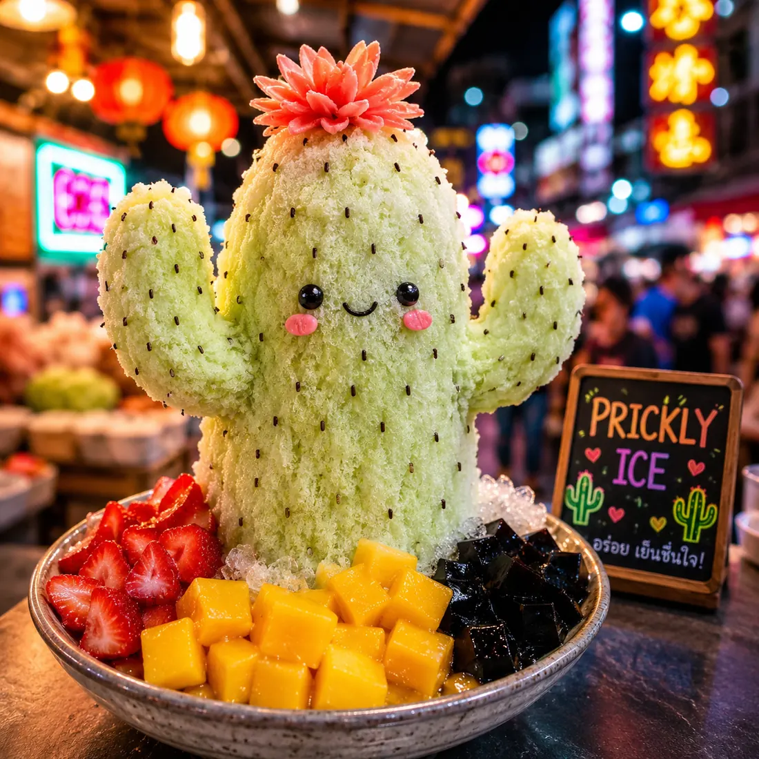 The Saguaro — a tall two-armed cactus shaved ice with a coral bloom, with strawberries, mango and grass jelly