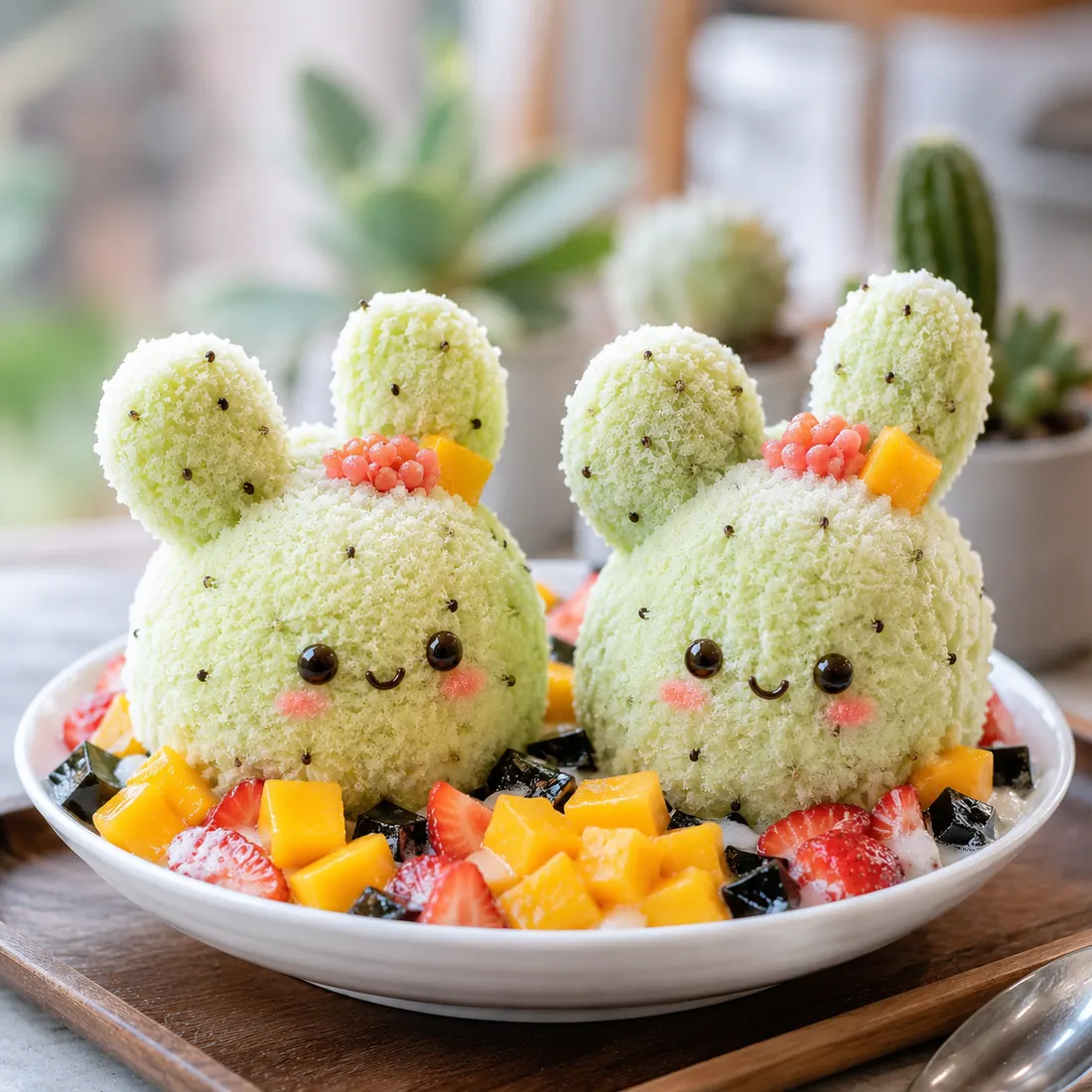 A cute one-eared cactus shaved ice on a plate of kiwi, mango and condensed-milk drizzled fruit