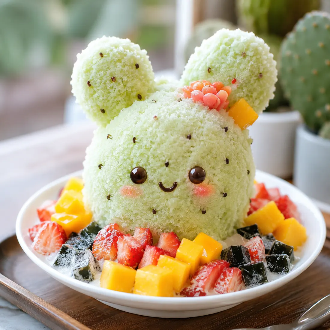 Bunny Ears — a prickly pear shaped shaved ice with two round ears and a coral flower