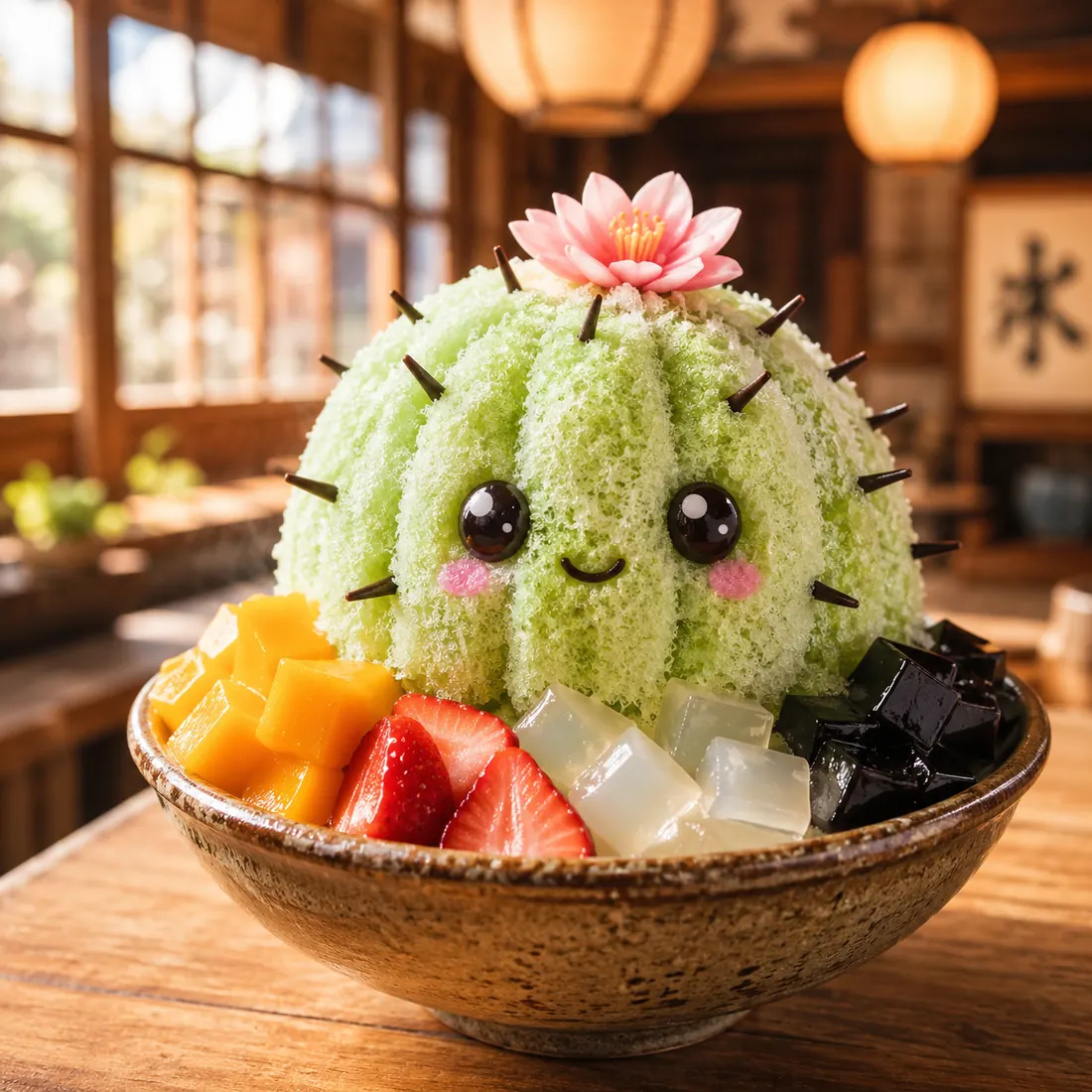 Barrel Bloom — a ribbed barrel cactus shaved ice with a lotus-pink flower in a rustic bowl
