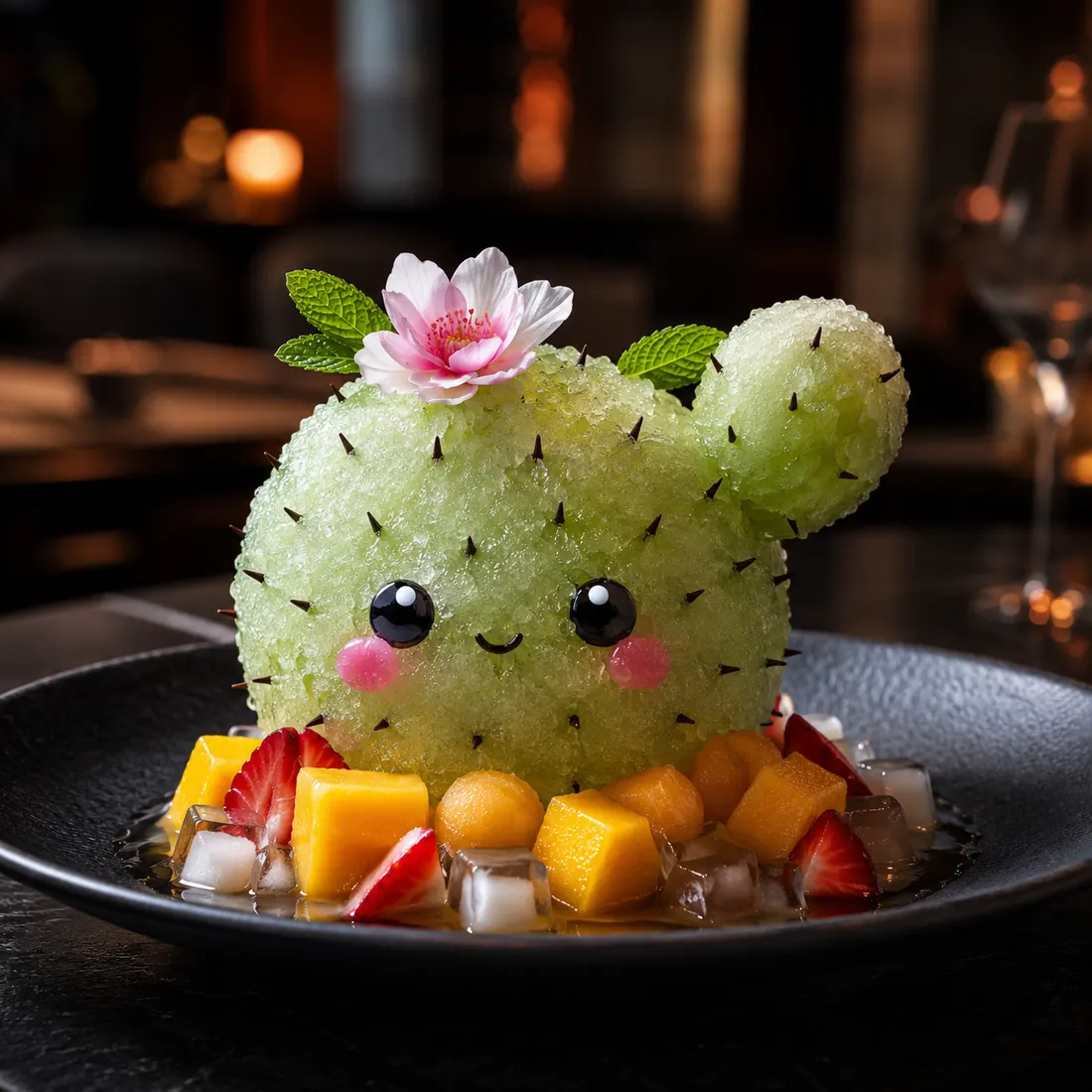 Midnight Pear — a prickly pear shaved ice with a cherry blossom, plated dark-restaurant style