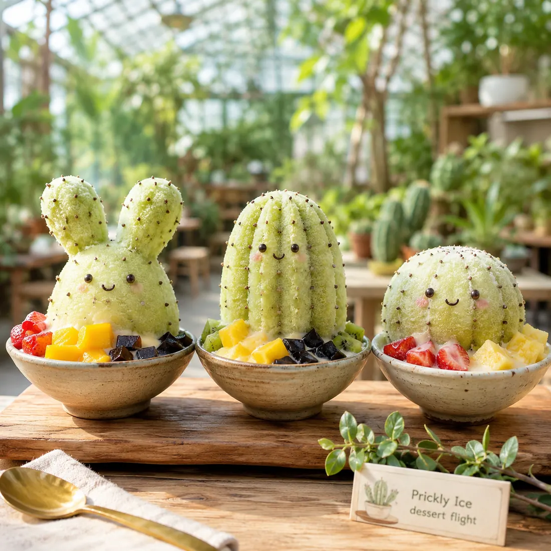 Desert Flight — three mini cactus shaved ices: a bunny, a columnar cactus and a round cactus in small bowls