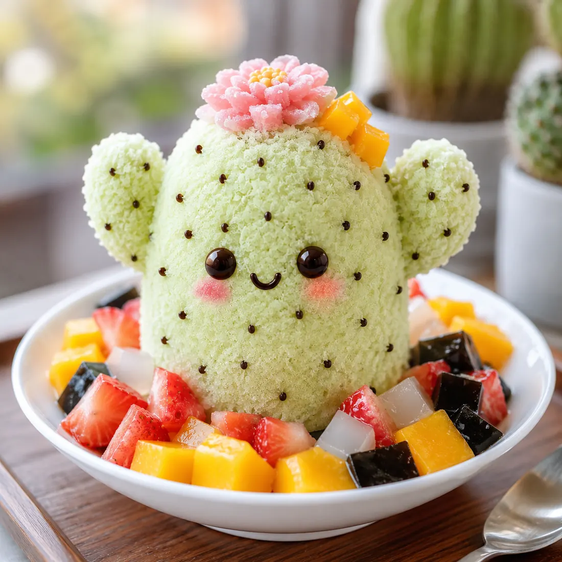 A round pistachio-green cactus shaved ice with chocolate spines and a pink sugar flower, in a bowl of fruit